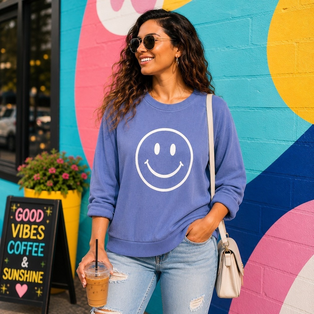 Katydid Women's Large Sweatshirt Blue Ribbed Smiley Face Y2K Happy Vibes Retro